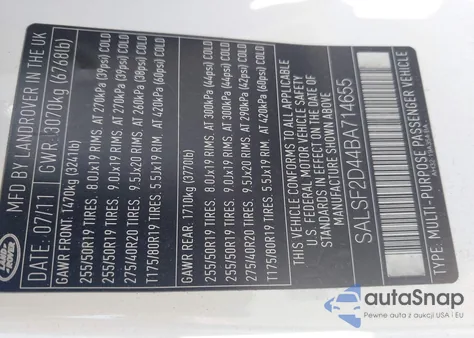 2011 Land Rover Range Rover Sport Hse z USA, uszkodzony, nr VIN SALSF2D44BA714655